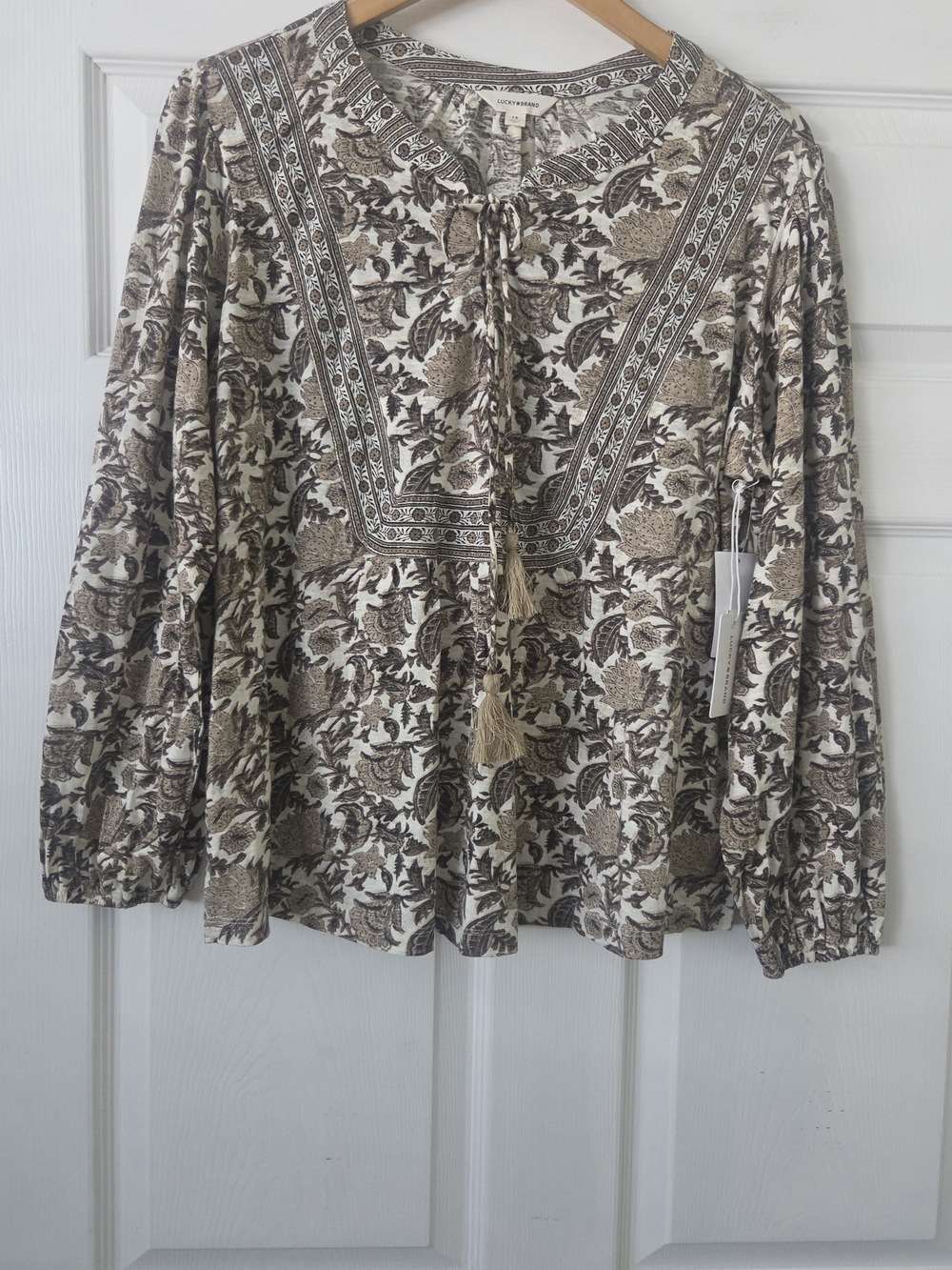 NWT Lucky Brand Cream and Brown Floral Tassel Peasant Blouse